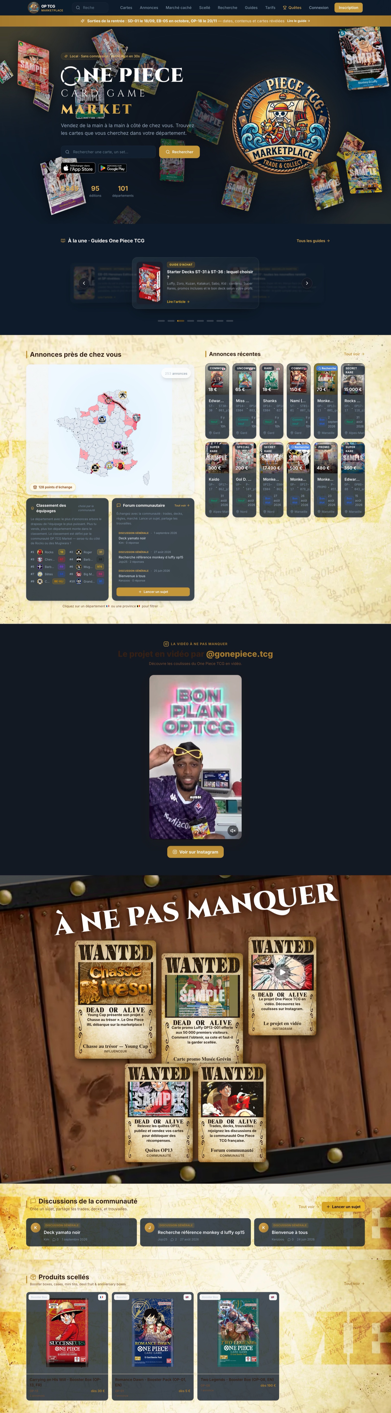 Page d'accueil complète de One Piece TCG Market sur ordinateur